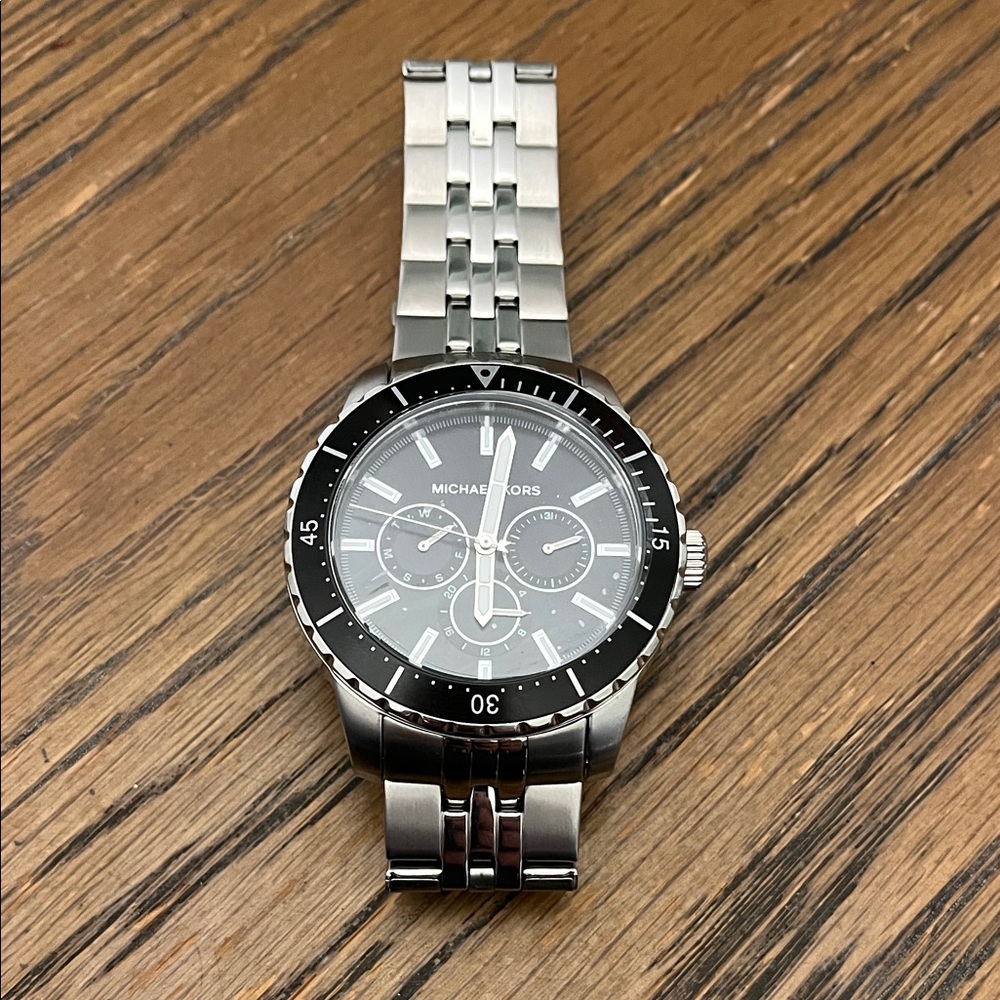 Michael Kors Silver and Black Stainless Steel Chronograph Watch